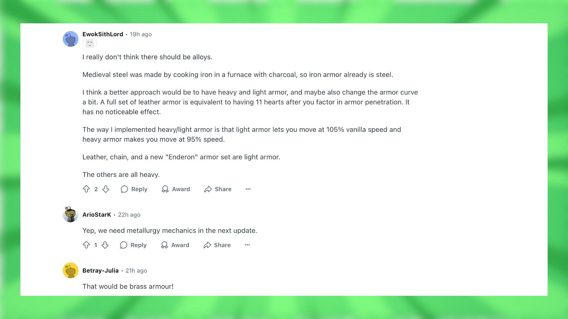 Reddit reacts to the idea of making different armors (Image via Reddit)